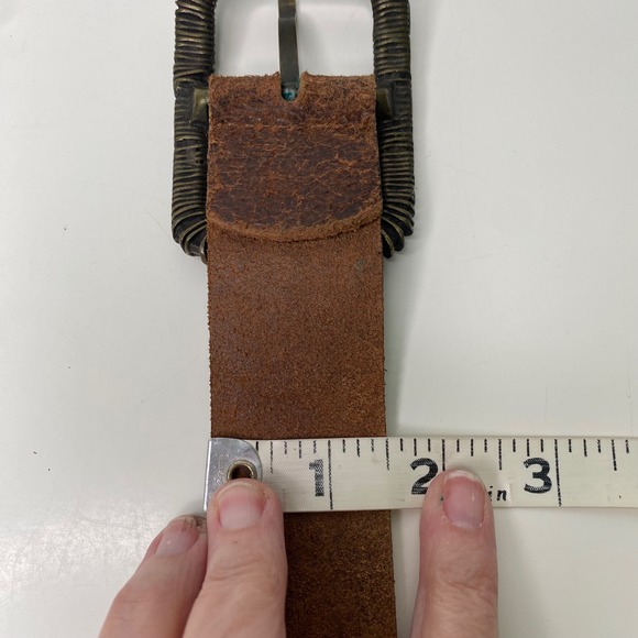 Artisanal Distressed Leather Belt Made in Italy Brown Ribbed Brass Buckle Size L - Picture 10 of 11